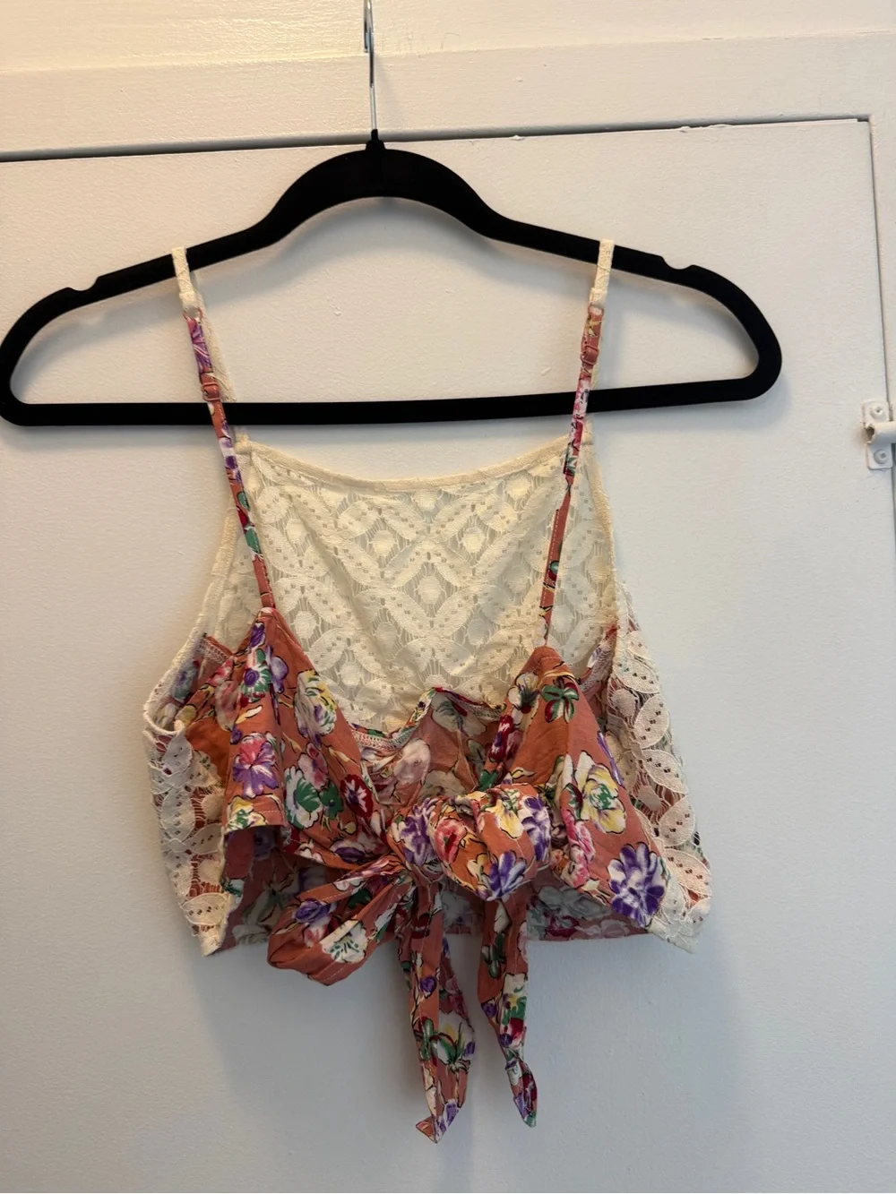 Free People Cream Lace Layered Crop Top with Floral Ties